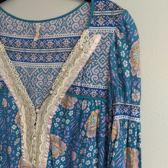 (Free People) Vintage Blue Lace Mini Dress Medium - Picture 2 of 12